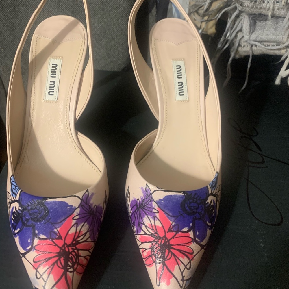 Miu Miu Women's Floral Slingback Heels - Pink and Blue